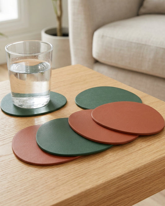 Zanet Pebble-Shaped PU Coasters Set of 6 Forest Green and Rust - Lifestyle view